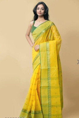 Sthaker Solid/Plain Tant Pure Cotton Saree(Green, Yellow)