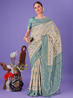 Tasrika Woven Banarasi Cotton Silk Saree(Cream)