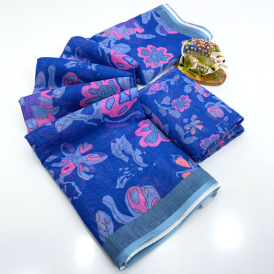 SDGRATITUDE Printed Banarasi Linen, Cotton Linen Saree(Multicolor)