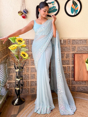 Divastri Embellished Bollywood Georgette Saree(Light Blue)