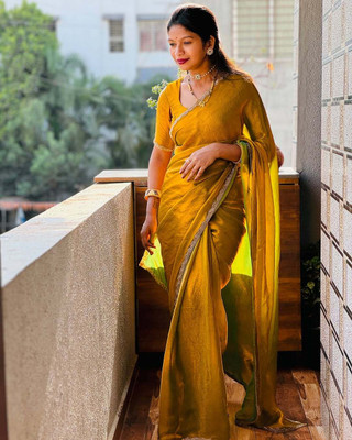 DEBRIS FAB Solid/Plain Bollywood Organza Saree(Yellow)
