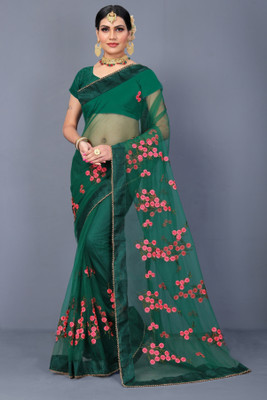 PATLANI STYLE Embroidered Bollywood Net Saree(Dark Green)