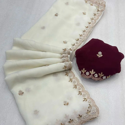 Tradivibe Embroidered Bollywood Georgette Saree(White)
