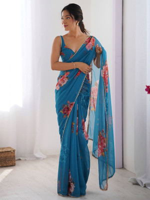 HouseOfCommon Digital Print, Floral Print Daily Wear Georgette Saree(Blue)