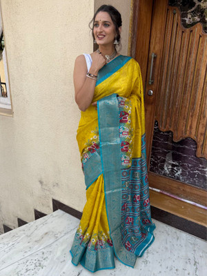 Anouk Rustic Printed Chinnalapattu Silk Blend Saree(Yellow)