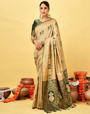 Satrani Woven, Embellished Banarasi Silk Blend Saree(Beige)