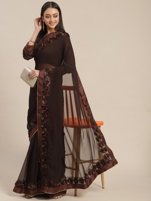 Tasrika Solid/Plain Handloom Georgette Saree(Brown)
