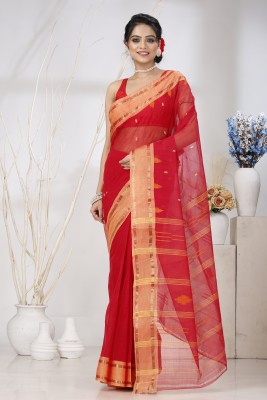 PuJoy Embellished, Self Design, Woven Tant Pure Cotton Saree(Red)