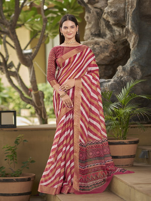 Sariya Digital Print Leheria Chanderi, Cotton Linen Saree(Red, Multicolor)