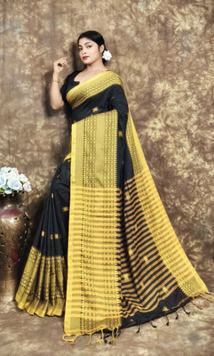 ANU INDIAN FASHION Woven Handloom Cotton Blend Saree(Black, Gold)