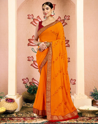 Divastri Embroidered, Embellished Bollywood Georgette, Lace Saree(Yellow)