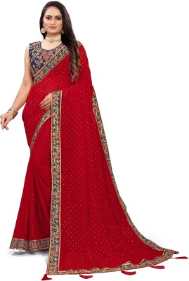 AARTI PRINTS Embroidered, Solid/Plain Bollywood Georgette, Chiffon Saree(Red)