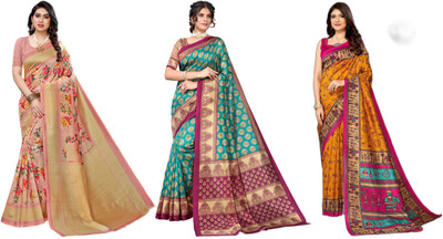 Nirvaan Printed, Woven Mysore Art Silk Saree(Pack of 3, Multicolor)
