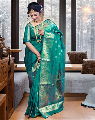 Kartvya Printed, Embellished Kanjivaram Jacquard, Pure Silk Saree(Light Green)