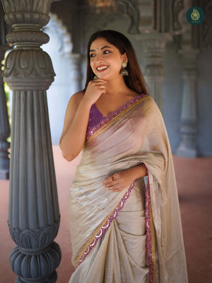 Moda Rapido Solid/Plain Saree with Attached Blouse Cotton Silk Saree(Beige)