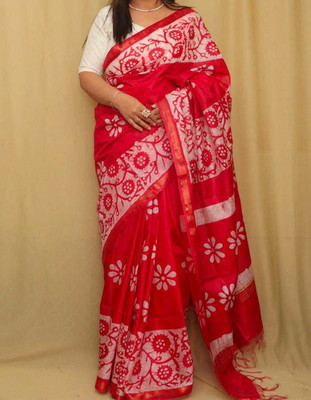 Luxury Silk Printed, Floral Print Hand Batik Handloom Cotton Blend Saree(Red)