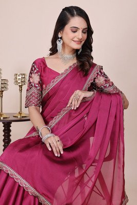 K 5 FASHION Embroidered, Self Design Bollywood Chiffon Saree(Magenta)