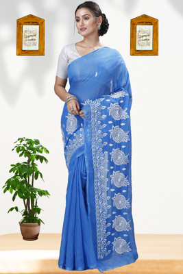 GitAsit Embroidered Handloom Cotton Blend Saree(Light Blue)