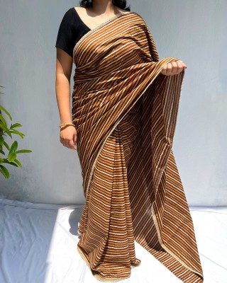 michen clothing Striped Daily Wear Cotton Blend Saree(Brown)