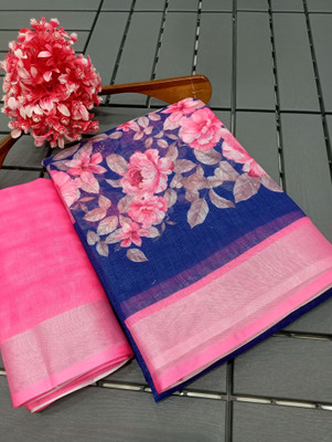 HouseOfCommon Digital Print Kanjivaram Cotton Linen, Pure Cotton Saree(Dark Blue, Pink)