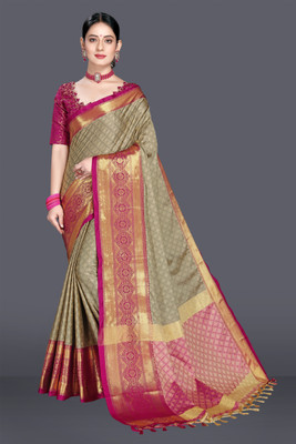 The Style Sanctuary Woven, Geometric Print, Floral Print, Self Design Bollywood Cotton Silk Saree(Yellow, Blue)