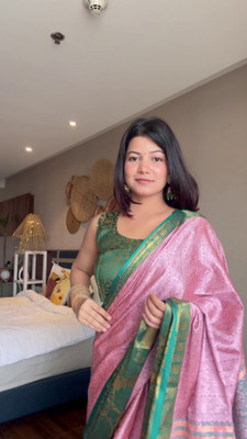 Westux Woven KHASI DHARA CONTRAST Cotton Silk Saree(Pink, Green, Gold)