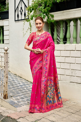 Divastri Printed Paithani Cotton Silk Saree(Pink)