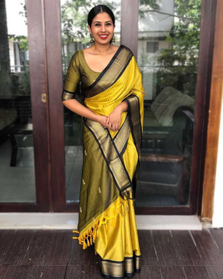 MN VENTURE Woven Banarasi Cotton Silk Saree(Yellow)
