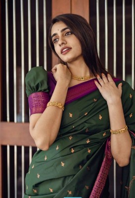 Prutha Fashions Woven, Solid/Plain, Self Design Banarasi Jacquard Saree(Dark Green)