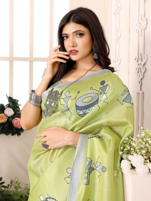 YASHIKA Printed Assam Silk Art Silk Saree(Green)