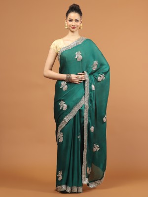 Meena Bazaar Embroidered Bollywood Chiffon Saree(Green)