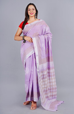 MOLLAR Printed Handloom Cotton Linen Saree(Purple)