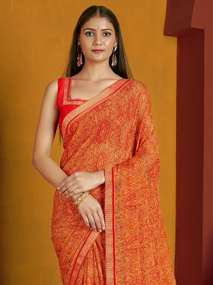 Anouk Rustic Printed Bollywood Chiffon Saree(Orange)