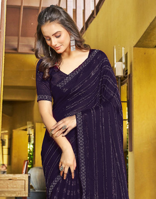 Samah Dyed, Embellished, Self Design Bollywood Chiffon, Georgette Saree(Dark Blue)
