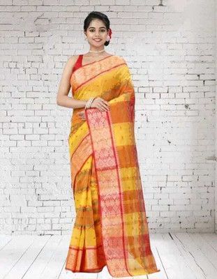 MAA LAXMI Self Design, Printed Tant Pure Cotton Saree(Yellow)