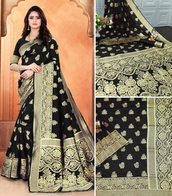 RASVRITI Solid/Plain Kanjivaram Pure Silk, Art Silk Saree(Black)