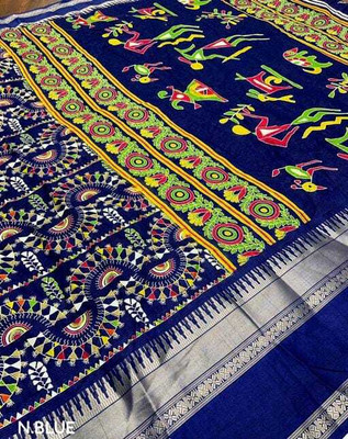 Vihan Fab Printed Bollywood Chanderi Saree(Dark Blue)