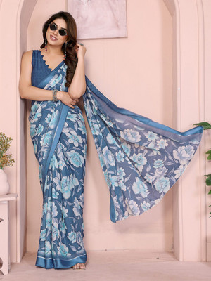 ANOUK Printed Saree with Attached Blouse Chiffon Saree(Blue)