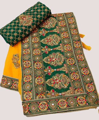 MADHUR HAND WORK ART Embroidered, Embellished Bollywood Silk Blend Saree(Yellow)