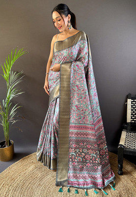 Nayanthara Trends Floral Print Kalamkari Silk Blend Saree(Blue)