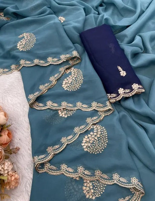 Zera Embroidered, Solid/Plain Bollywood Georgette Saree(Blue)