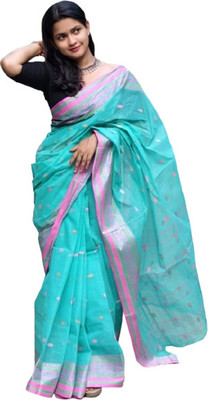 Adwaita Global Woven Tant Handloom Pure Cotton Saree(Blue)