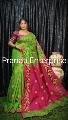 PRANATI ENTERPRISE Printed Handloom Cotton Silk Saree(Green)