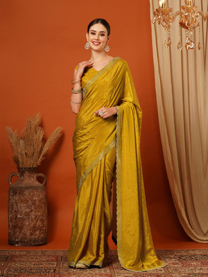 VILLAGIUS Embellished, Self Design, Dyed Bollywood Silk Blend Saree(Mustard)