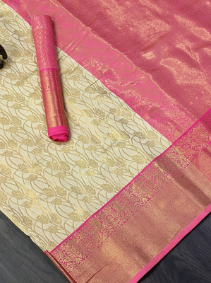 yourwish Woven, Checkered, Embellished, Self Design Kanjivaram Jacquard, Cotton Silk Saree(Cream, Pink, Gold)