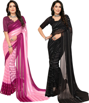 kashvi sarees Striped Bollywood Satin Saree(Pack of 2, Purple, Pink, Black)
