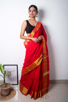 Agamani Solid/Plain Handloom Viscose Rayon Saree(Red)