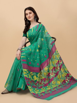 linza Woven Jamdani Cotton Linen Saree(Light Green)