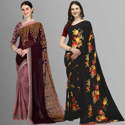 Anand Sarees Printed Daily Wear Georgette Saree(Pack of 2, Multicolor, Purple, Beige)