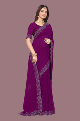 rudraCreation Solid/Plain, Self Design, Woven Mysore Georgette Saree(Purple)